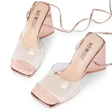WETKISS Rose Gold Sandals, Strappy Heels for Women, Lace up Tie up Heels, Square Toe High Heels PVC Clear Block Chunky Heels