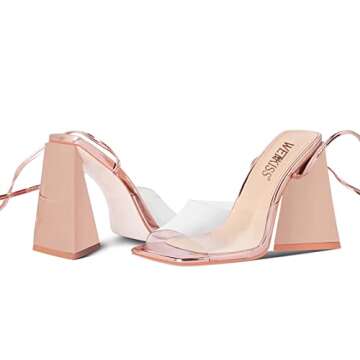 WETKISS Rose Gold Sandals, Strappy Heels for Women, Lace up Tie up Heels, Square Toe High Heels PVC Clear Block Chunky Heels