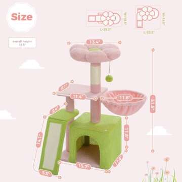PETEPELA Flower Cat Tree for Indoor Cats, 32'' Small Cat Tower Cat Condo with Sisal Scratching Ramp, Cozy Hammock and Removable Flower Bed Perch for Kittens, Pink