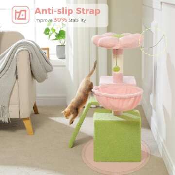 PETEPELA Flower Cat Tree for Indoor Cats, 32'' Small Cat Tower Cat Condo with Sisal Scratching Ramp, Cozy Hammock and Removable Flower Bed Perch for Kittens, Pink