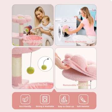 PETEPELA Flower Cat Tree for Indoor Cats, 32'' Small Cat Tower Cat Condo with Sisal Scratching Ramp, Cozy Hammock and Removable Flower Bed Perch for Kittens, Pink