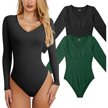 OQQ Women's Ribbed Long Sleeve Bodysuit in Black and Dark Green