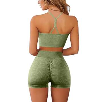 QINSEN Sexy Sport Bras for Women Ribbed Yoga Pants Bodycon 2 Piece Outfits Workout Running Shirts Green L