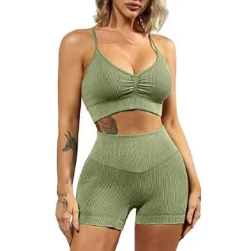 QINSEN Sexy Sport Bras for Women Ribbed Yoga Pants Bodycon 2 Piece Outfits Workout Running Shirts Green L