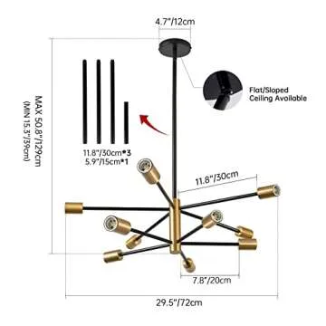Sputnik Chandeliers Modern Black and Gold Chandeliers 10-Light Mid Century Farmhouse Chandelier Ceiling Light Fixture Height Adustable Pendant Light for Kitchen Island Living Room Dining Room