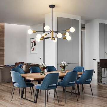 Sputnik Chandeliers Modern Black and Gold Chandeliers 10-Light Mid Century Farmhouse Chandelier Ceiling Light Fixture Height Adustable Pendant Light for Kitchen Island Living Room Dining Room