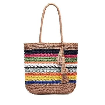 VSUVUR Women Large Rainbow Straw Beach Bag,Woven Tote With Zipper,Oversized Rattan Shoulder Bag