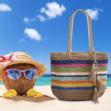 VSUVUR Women Large Rainbow Straw Beach Bag,Woven Tote With Zipper,Oversized Rattan Shoulder Bag