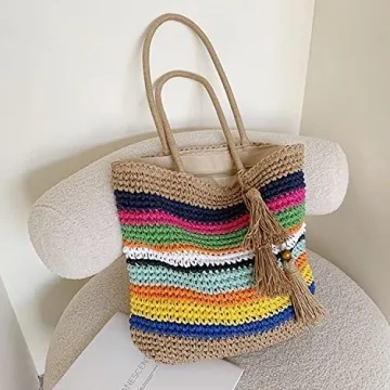 VSUVUR Women Large Rainbow Straw Beach Bag,Woven Tote With Zipper,Oversized Rattan Shoulder Bag