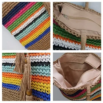 VSUVUR Women Large Rainbow Straw Beach Bag,Woven Tote With Zipper,Oversized Rattan Shoulder Bag