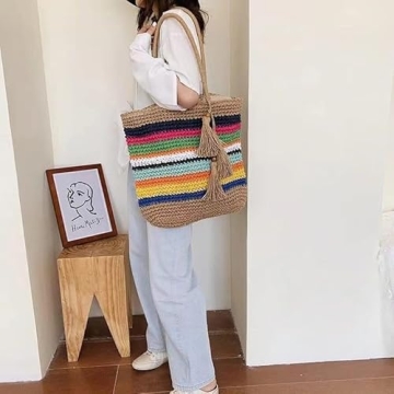 VSUVUR Women Large Rainbow Straw Beach Bag,Woven Tote With Zipper,Oversized Rattan Shoulder Bag