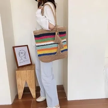 VSUVUR Women Large Rainbow Straw Beach Bag,Woven Tote With Zipper,Oversized Rattan Shoulder Bag