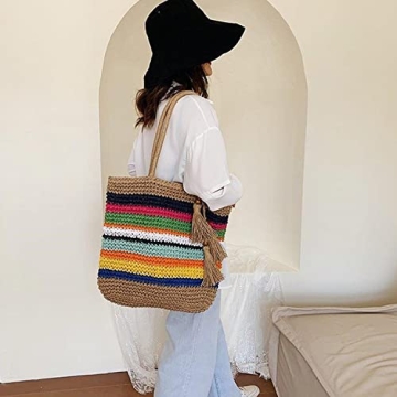 VSUVUR Women Large Rainbow Straw Beach Bag,Woven Tote With Zipper,Oversized Rattan Shoulder Bag