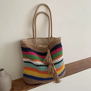 VSUVUR Women Large Rainbow Straw Beach Bag,Woven Tote With Zipper,Oversized Rattan Shoulder Bag