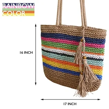 VSUVUR Women Large Rainbow Straw Beach Bag,Woven Tote With Zipper,Oversized Rattan Shoulder Bag