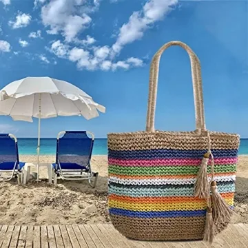 VSUVUR Women Large Rainbow Straw Beach Bag,Woven Tote With Zipper,Oversized Rattan Shoulder Bag