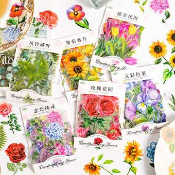 Knaid 600 Pieces Clear Flower Stickers Set, Transparent Floral Botanical Aesthetic Journaling Sticke...