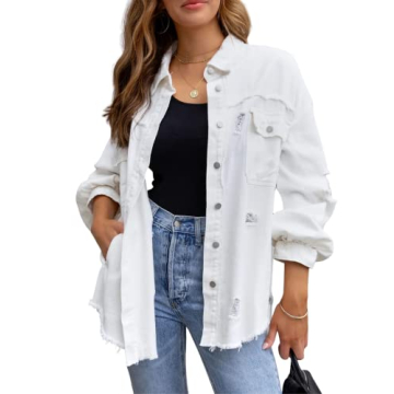 PUWEI Ripped Fringe Jean Jacket Women Distressed Washed Button Down Frayed Denim Shacket with Pocket...
