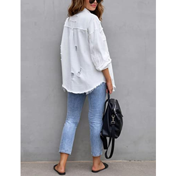 Trendy Ripped Fringe Jean Jacket for Women Shacket