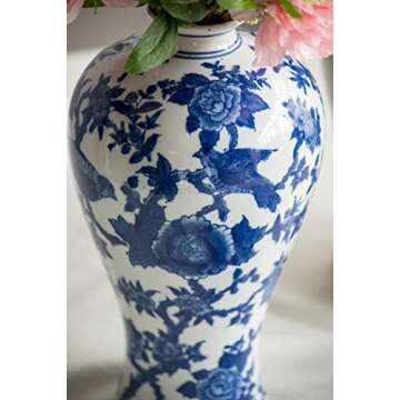 Charming A&B Home 13'' Blue White Porcelain Vase with Floral Design