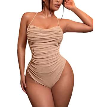 Trendy Remidoo Women's Mesh Ruched Bodysuit in Khaki