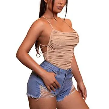 Trendy Remidoo Women's Mesh Ruched Bodysuit in Khaki