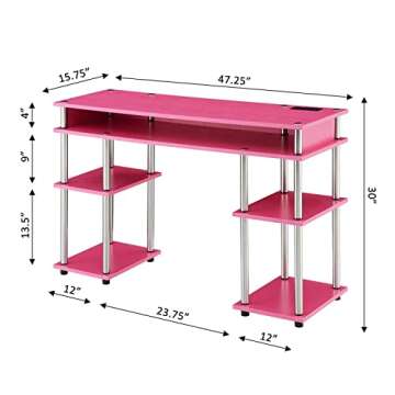 Convenience Concepts Designs2Go No Tools Student Desk with Charging Station and Shelves, Pink