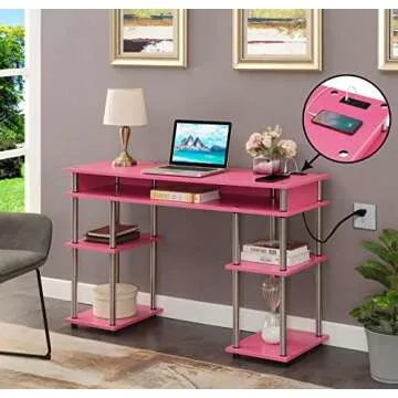 Convenience Concepts No Tools Pink Desk with Charging Station