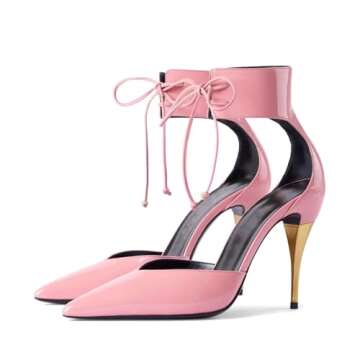 Women's Pink Stiletto Slingback Heels Closed Pointed Toe Golden High Heel Ankle Strap Lace Up with B...