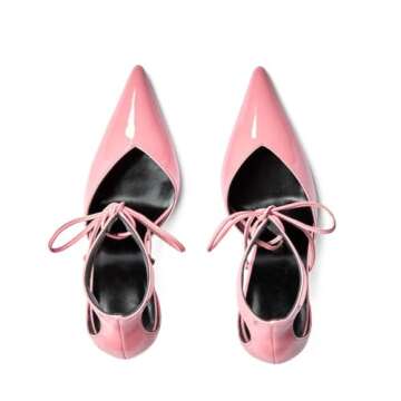 Women's Pink Stiletto Slingback Heels Closed Pointed Toe Golden High Heel Ankle Strap Lace Up with Bow Pumps Fashion Party Dress Shoes Ladies