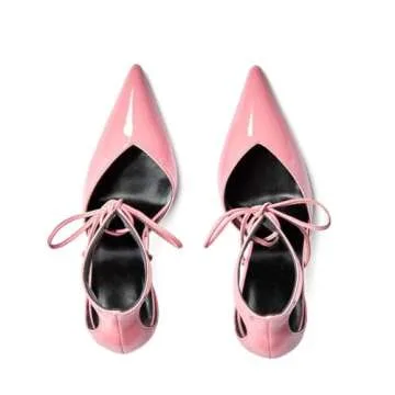 Women's Pink Stiletto Slingback Heels Closed Pointed Toe Golden High Heel Ankle Strap Lace Up with Bow Pumps Fashion Party Dress Shoes Ladies