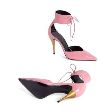 Women's Pink Stiletto Slingback Heels Closed Pointed Toe Golden High Heel Ankle Strap Lace Up with Bow Pumps Fashion Party Dress Shoes Ladies