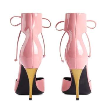 Women's Pink Stiletto Slingback Heels Closed Pointed Toe Golden High Heel Ankle Strap Lace Up with Bow Pumps Fashion Party Dress Shoes Ladies