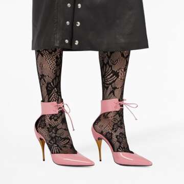 Women's Pink Stiletto Slingback Heels Closed Pointed Toe Golden High Heel Ankle Strap Lace Up with Bow Pumps Fashion Party Dress Shoes Ladies