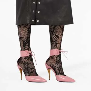 Women's Pink Stiletto Slingback Heels Closed Pointed Toe Golden High Heel Ankle Strap Lace Up with Bow Pumps Fashion Party Dress Shoes Ladies