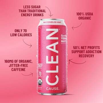 CLEAN Cause Low Calorie Watermelon Mint Sparkling Yerba Mate Tea, 160mg Caffeine - Organic & Low Sug...
