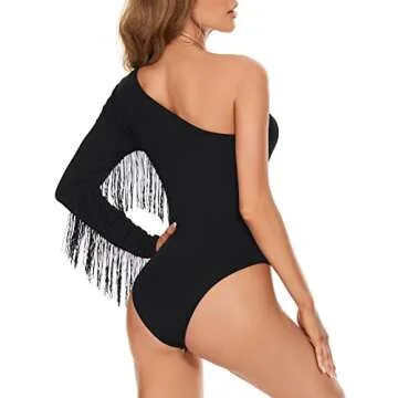 Women's Fringe Trim One Shoulder Long Sleeve Body Suits Concert Outfits Long Sleeve Bodysuit Tank Top Black S