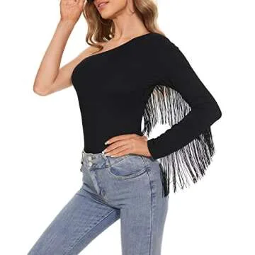 Women's Fringe Trim One Shoulder Long Sleeve Body Suits Concert Outfits Long Sleeve Bodysuit Tank Top Black S