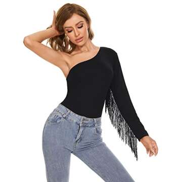 Women's Fringe Trim One Shoulder Long Sleeve Body Suits Concert Outfits Long Sleeve Bodysuit Tank Top Black S