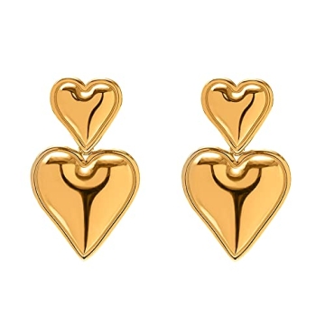 Heart Drop Earrings Gold Double Heart Statement Dangle Earrings for Women