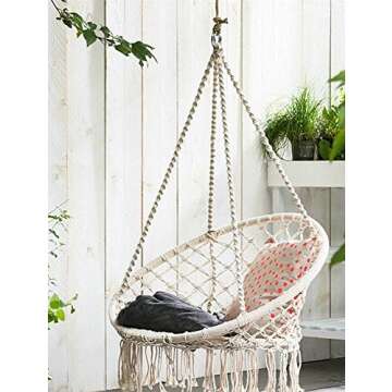 E EVERKING Hammock Chair Macrame Swing, Hanging Cotton Rope Macrame Hammock Swing Chair for Indoor, Outdoor Home, Patio, Porch, Deck, Yard, Garden, Max Weight: 260 Pounds (White)