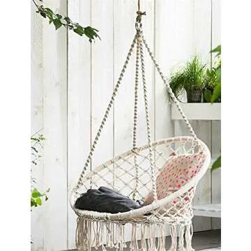 E EVERKING Hammock Chair Macrame Swing, Hanging Cotton Rope Macrame Hammock Swing Chair for Indoor, Outdoor Home, Patio, Porch, Deck, Yard, Garden, Max Weight: 260 Pounds (White)
