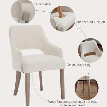 DM Furniture Linen Dining Chairs Set of 4 Upholstered Accent Chairs Side Chair with Wood Legs for Living Room/Dining Room/Bedroom/Restaurant, Cream