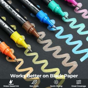 Ohuhu Metallic Markers Brush & Fine Dual Tips 24 Metallic Colors Water-based Pens Shimmer Markers for Black White Paper Glass Rock Card Making Scrapbook Easter Egg Halloween Pumpkin Ceramics DIY