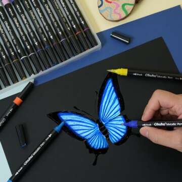 Ohuhu Metallic Markers Brush & Fine Dual Tips 24 Metallic Colors Water-based Pens Shimmer Markers for Black White Paper Glass Rock Card Making Scrapbook Easter Egg Halloween Pumpkin Ceramics DIY