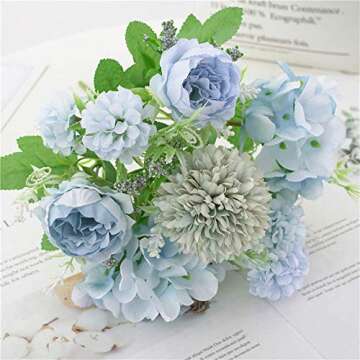 KIRIFLY Artificial Flowers, Fake Peony Silk Hydrangea Bouquet Decor Plastic Carnations Realistic Flower Arrangements Wedding Decoration Table Centerpieces (Blue)