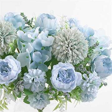 KIRIFLY Artificial Flowers, Fake Peony Silk Hydrangea Bouquet Decor Plastic Carnations Realistic Flower Arrangements Wedding Decoration Table Centerpieces (Blue)