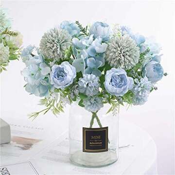 KIRIFLY Artificial Flowers, Fake Peony Silk Hydrangea Bouquet Decor Plastic Carnations Realistic Flower Arrangements Wedding Decoration Table Centerpieces (Blue)