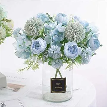 KIRIFLY Artificial Flowers, Fake Peony Silk Hydrangea Bouquet Decor Plastic Carnations Realistic Flower Arrangements Wedding Decoration Table Centerpieces (Blue)