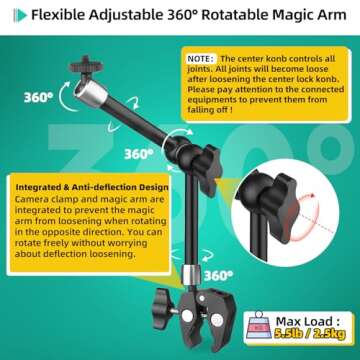 9.8" Adjustable Magic Arm w Clamp, Articulating Magic Arm Camera Clamp Mount w 1/4" Thread, Overhead Phone Mount, Flexible Desk Camera Mount & Clamps for Tripod Monitor LED Light Webcam Microphone